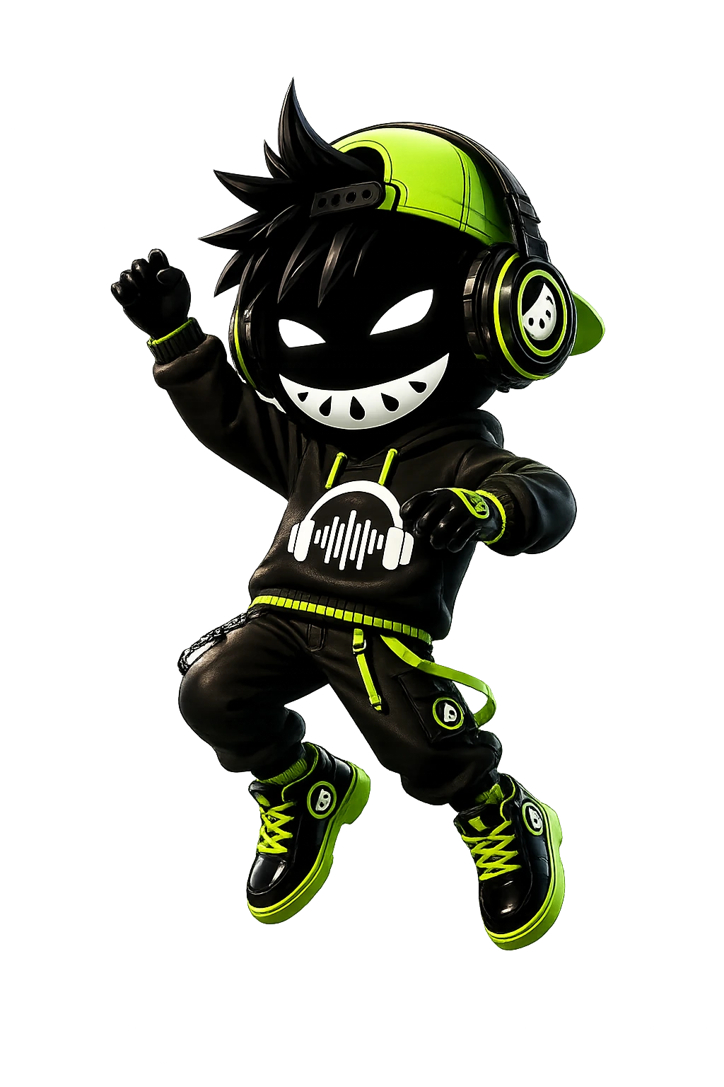 Mascota de Ciber DJ Luis bailando con gorra y auriculares verde lima